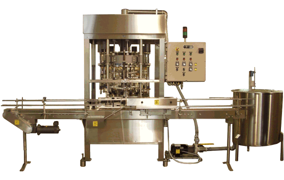 Automatic Rotary Liquid Filler by Packaging Dynamics, Ltd. - Manufacturer of Automatic & Semi-Automatic Liquid fillers, Conveyors, Unscramblers, Accumulators, and Custom Designed Packaging machinery & nozzles for liquids.