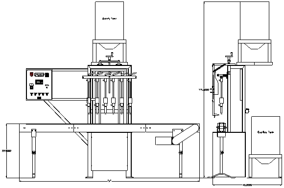 Bottom Fill to Level Automatic Straight Line Liquid Filler by Packaging Dynamics, Ltd. - Manufacturer of Automatic & Semi-Automatic Liquid fillers, Conveyors, Unscramblers, Accumulators, and Custom Designed Packaging machinery & nozzles for liquids.
