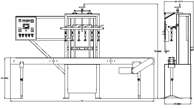 Fill-To-Level Automatic Straight Line Filler by Packaging Dynamics, Ltd. - Manufacturer of Automatic & Semi-Automatic Liquid fillers, Conveyors, Unscramblers, Accumulators, and Custom Designed Packaging machinery & nozzles for liquids.
