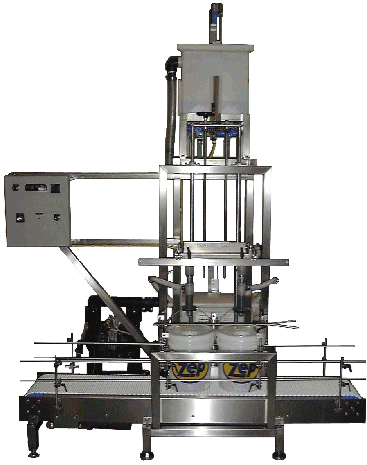 Low Profile Pail Filler by Packaging Dynamics, Ltd. - Manufacturer of Automatic & Semi-Automatic Liquid fillers, Conveyors, Unscramblers, Accumulators, and Custom Designed Packaging machinery & nozzles for liquids.