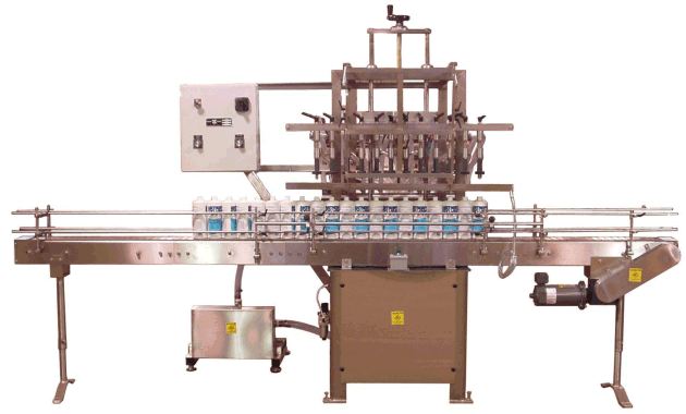 Semi Automatic Liquid Filler with Power Conveyor by Packaging Dynamics, Ltd. - Manufacturer of Automatic & Semi-Automatic Liquid fillers, Conveyors, Unscramblers, Accumulators, and Custom Designed Packaging machinery & nozzles for liquids.