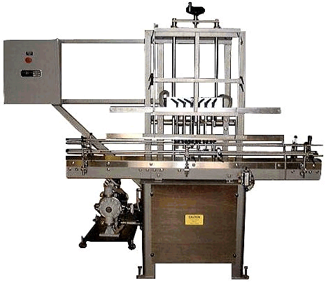 Semi Automatic Liquid Filler with Slide Plate by Packaging Dynamics, Ltd. - Manufacturer of Automatic & Semi-Automatic Liquid fillers, Conveyors, Unscramblers, Accumulators, and Custom Designed Packaging machinery & nozzles for liquids.
