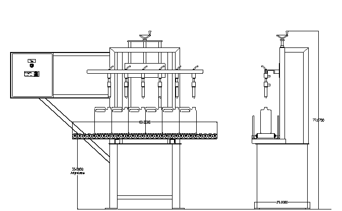 Semi-Automatic Liquid Filler by Packaging Dynamics, Ltd. - Manufacturer of Automatic & Semi-Automatic Liquid fillers, Conveyors, Unscramblers, Accumulators, and Custom Designed Packaging machinery & nozzles for liquids.