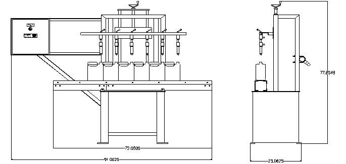 Semi Automatic Liquid Filler with Slide Plate by Packaging Dynamics, Ltd. - Manufacturer of Automatic & Semi-Automatic Liquid fillers, Conveyors, Unscramblers, Accumulators, and Custom Designed Packaging machinery & nozzles for liquids.