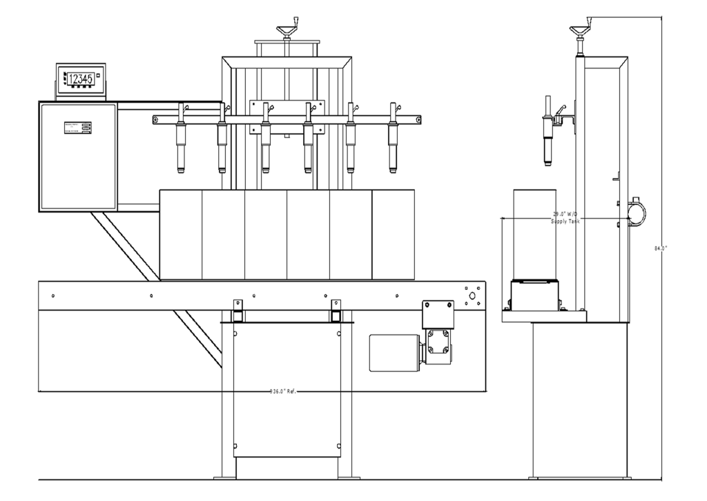 Line drawing of the top and side of the positive displacement filler. 
