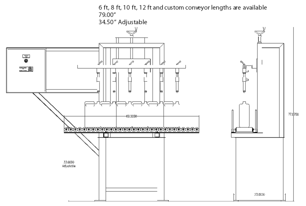 A line drawing a the semi-automatic liquid filler from the front and side.