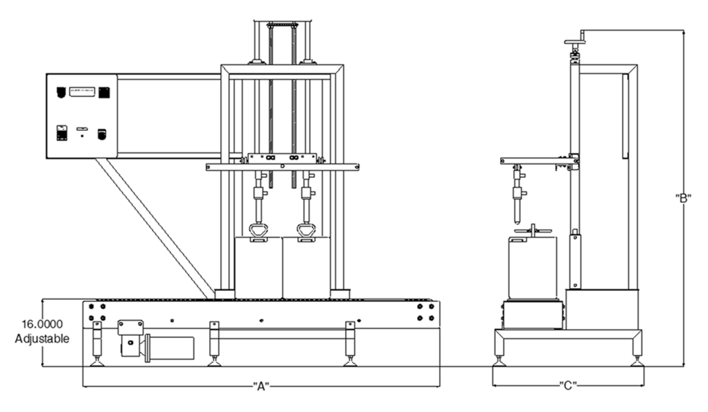 A line drawing a the semi-automatic pail liquid filler from the front and side.