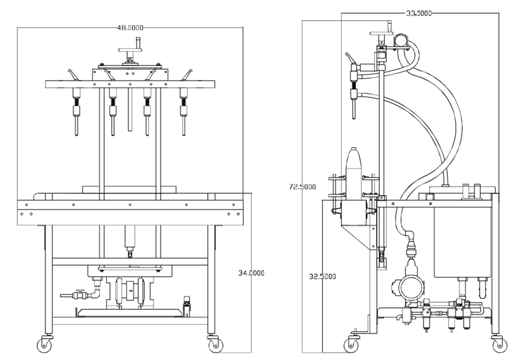 A line drawing a the semi-automatic portable cart liquid filler from the front and side.