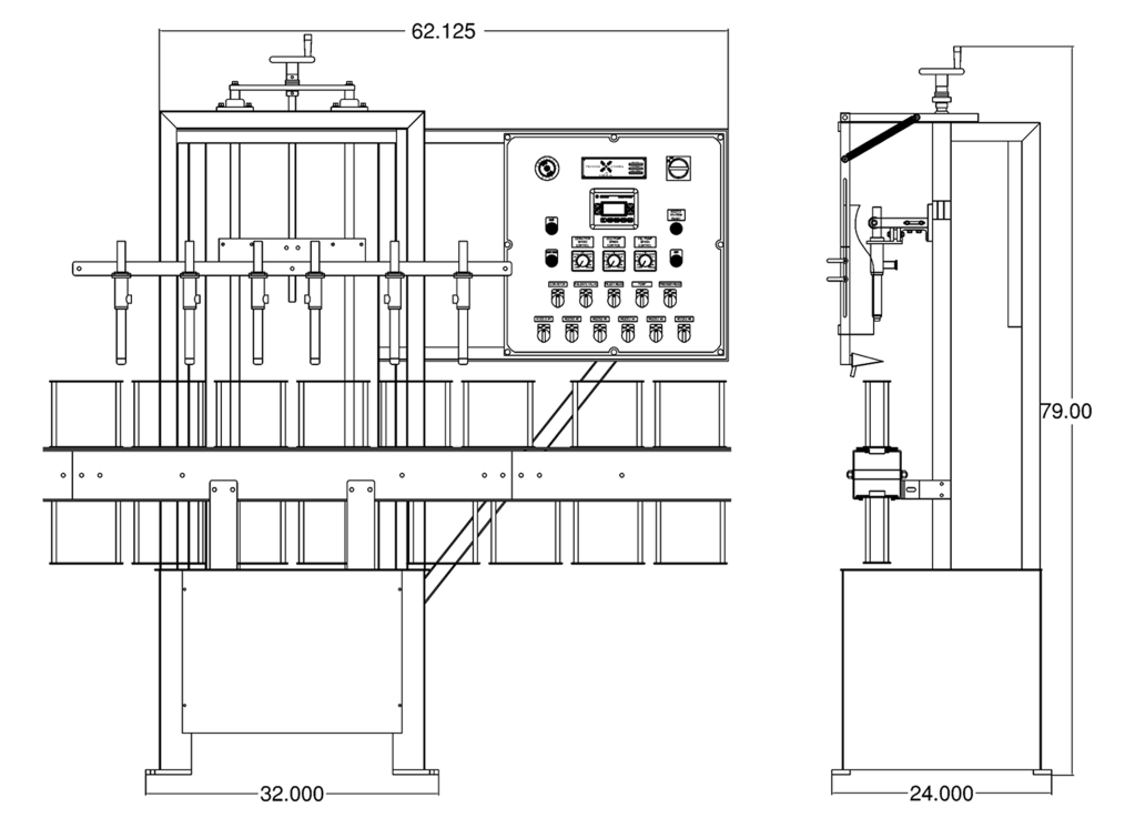 A line drawing a the semi-automatic positive displacement bag liquid filler from the front and side.