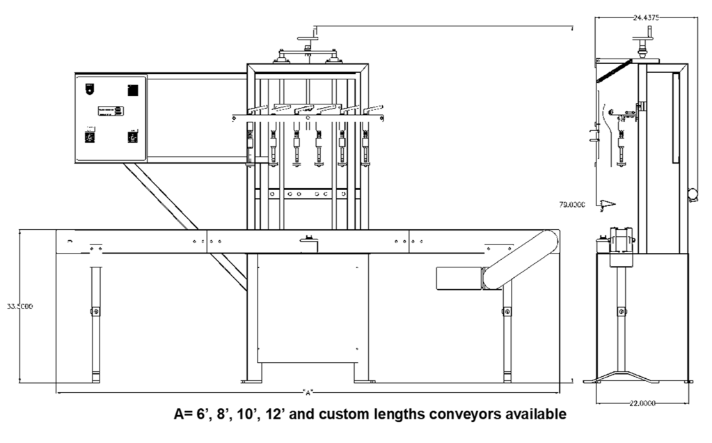 A line drawing a the semi-automatic liquid filler with power conveyor from the front and side.