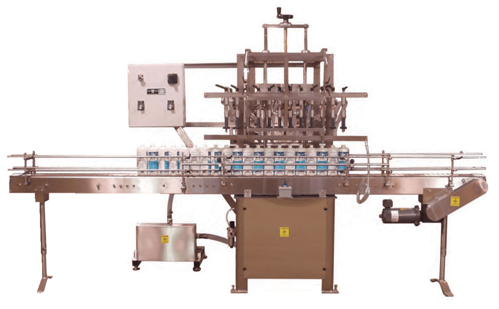 The semi-automatic filler with power conveyor.